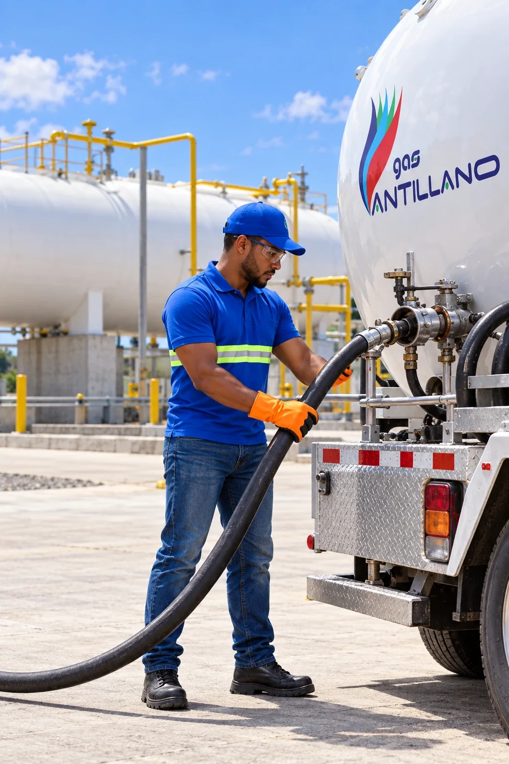Colaborador de Gas Antillano conectando la manguera de un camión cisterna