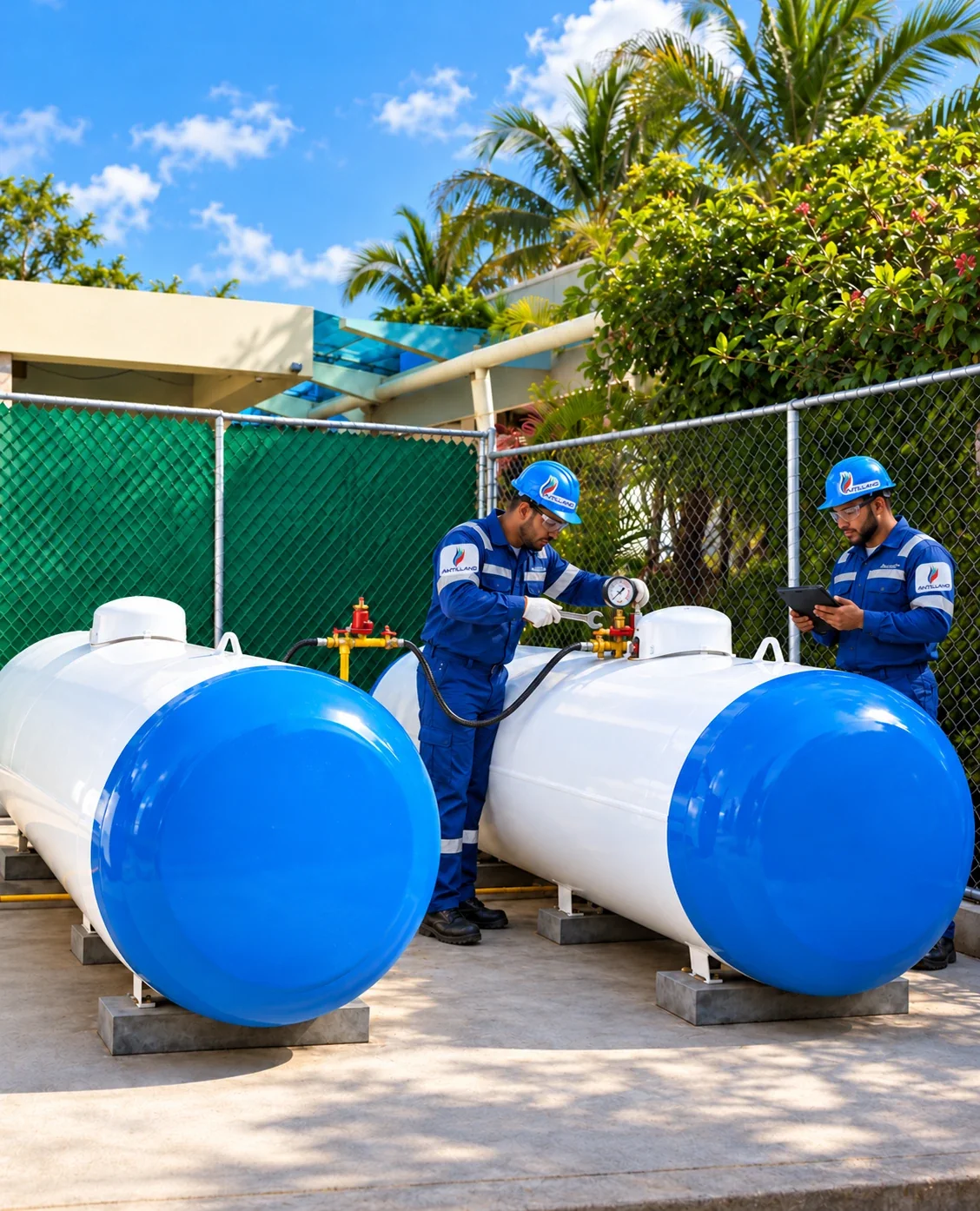 Dos técnicos de Gas Antillano dando mantenimiento a tanques de GLP